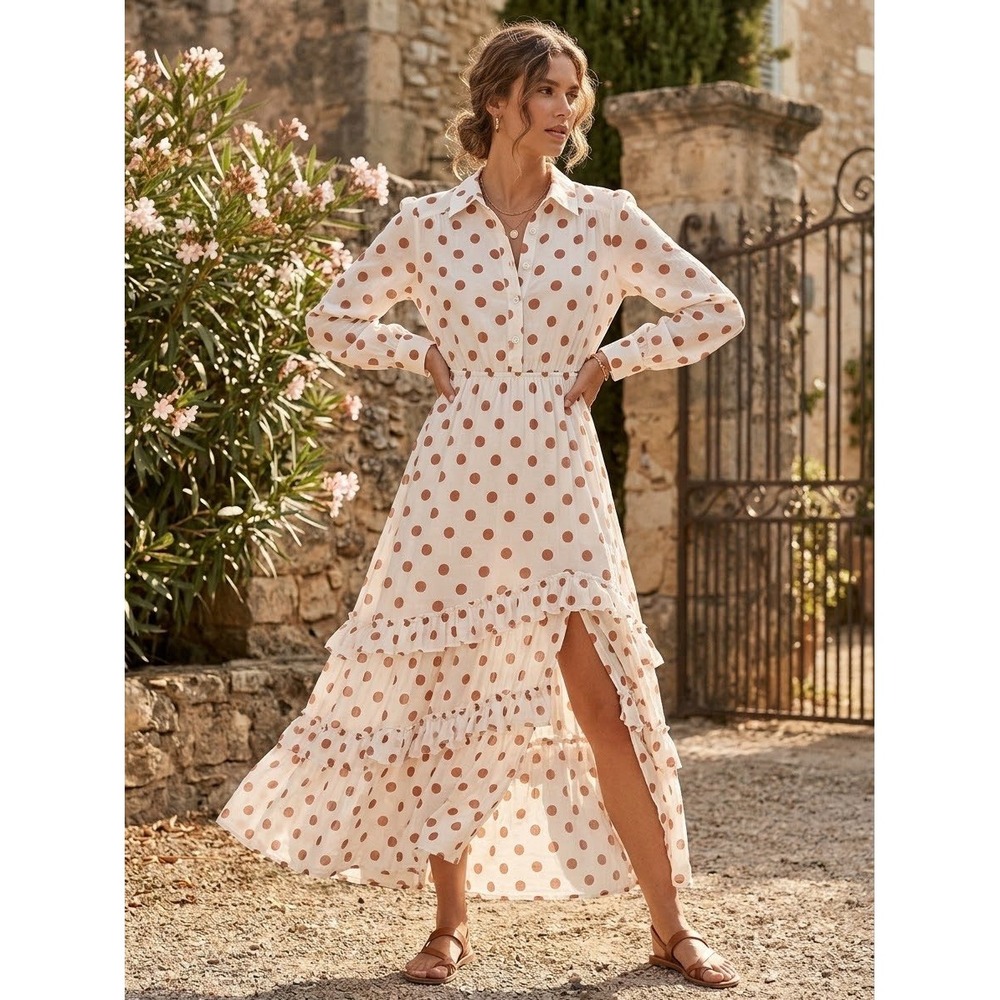 Steele Polka Dot Ruffle Tiered Maxi Dress White Rust Orange Long Sleeve XS